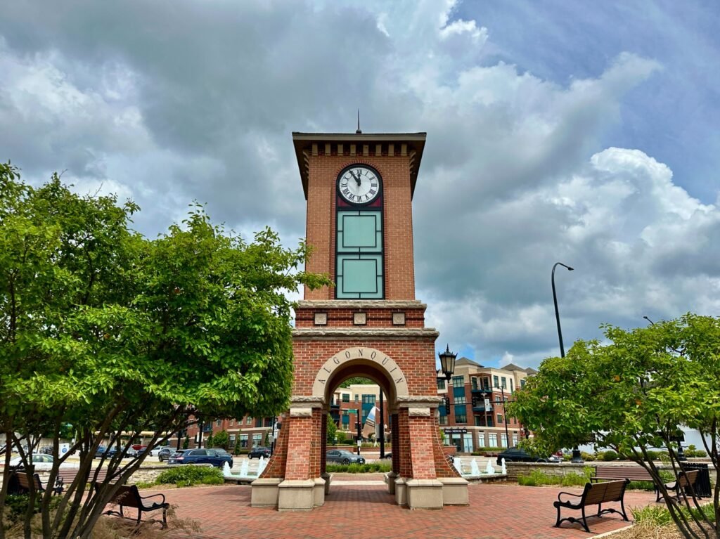 Downtown clock tower and archway in Algonquin, Illinois