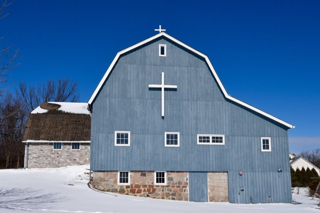 Historic blue barn chapel in Brookfield, Wisconsin