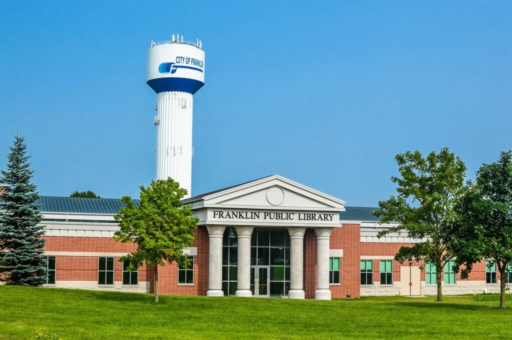 Franklin Public Library and city water tower in Franklin, Wisconsin