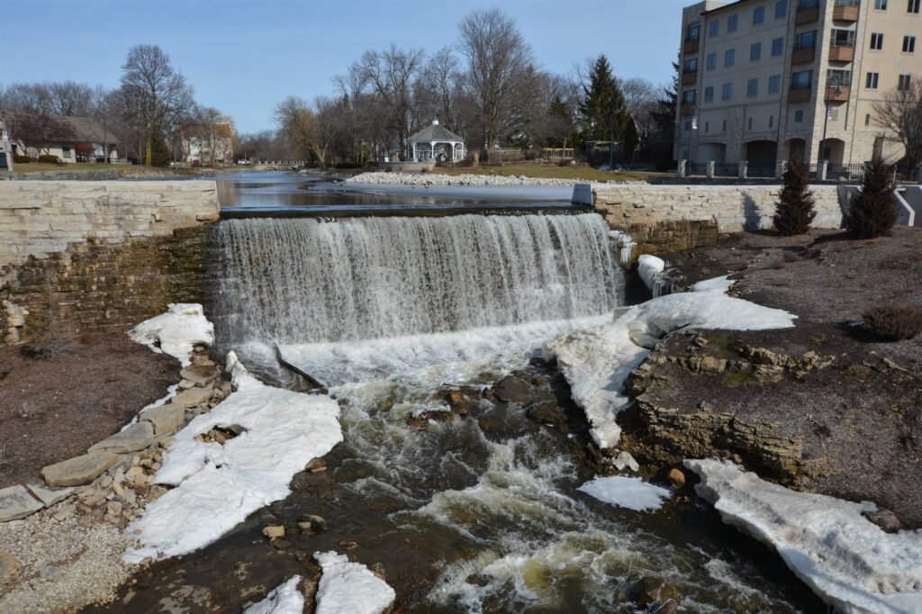 The falls on the Menomonee River in downtown Menomonee Falls, Wisconsin