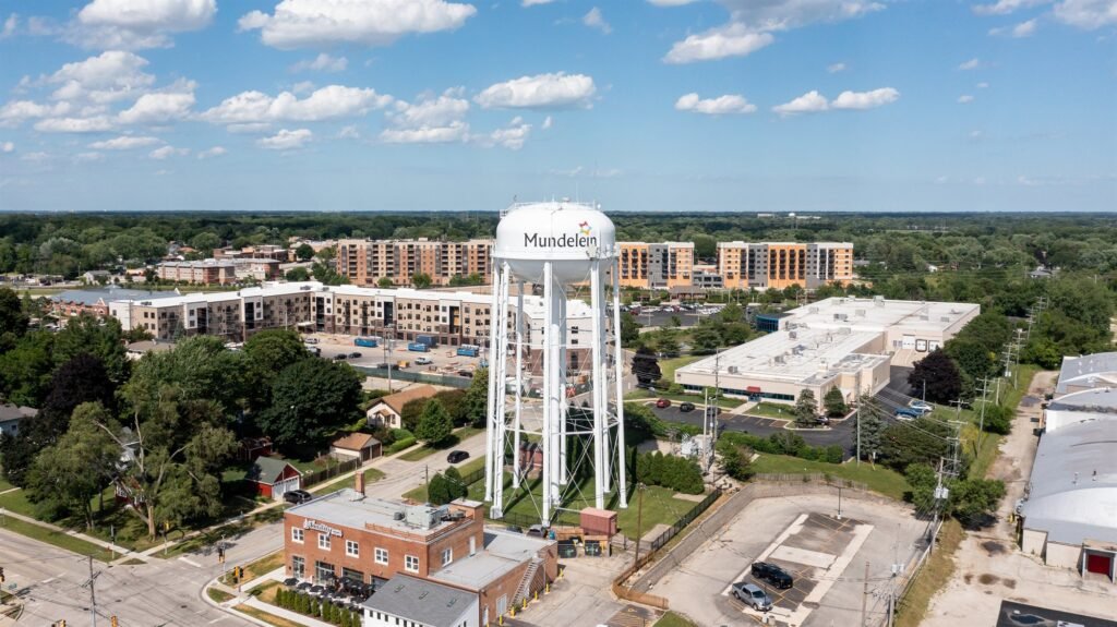 Aerial view of Mundelein, Illinois with the town water tower