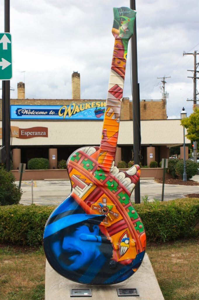 GuitarTown painted guitar sculpture in downtown Waukesha, Wisconsin